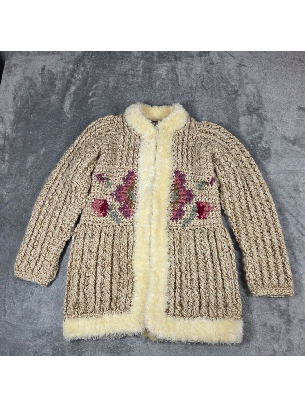 Vintage Cardigan Womens Small Beige Chunky Floral Crochet Boho Hippie 70s 80s